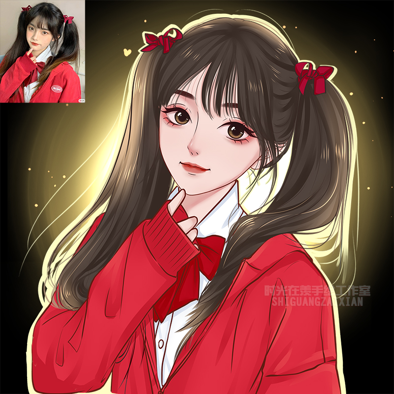 原创明月风真人照片转手绘头像设计情侣手绘画q版人物画结婚漫画