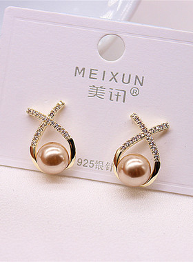 精致小巧交叉珍珠耳钉女925纯银针夏季新款潮高级感气质耳环耳饰