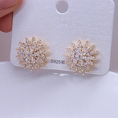 高级名媛风大气轻奢锆石满水晶花朵耳环雪花新款潮网红银针耳钉
