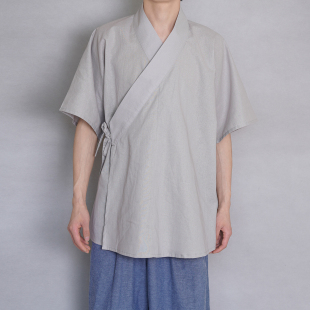青山渐宋制浅交领半臂短衫苎麻棉素色传统日常汉服舒适棉麻短袖