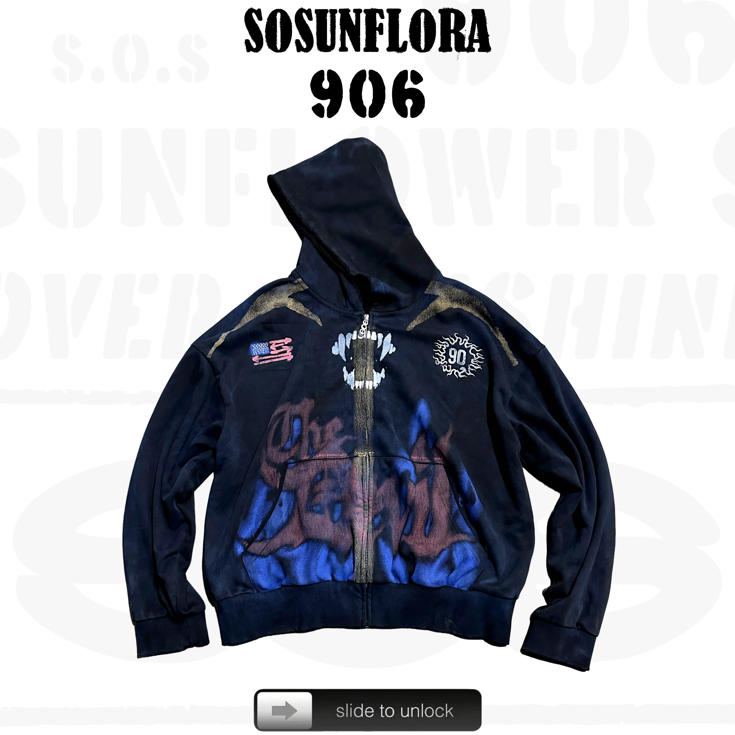 SOS做旧扎染拉链连帽卫衣火焰涂鸦印花美式复古废土风开衫潮外套