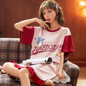 夏季卡通睡裙可爱韩版薄短袖纯棉睡裙家居服加大码女士半袖睡衣春