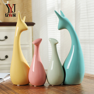 家居饰品陶瓷摆件三口之家鹿客厅电视柜工艺品装 饰品摆设结婚礼物