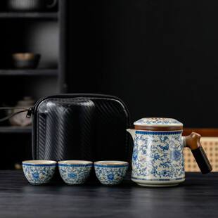 汝窑青花缠枝莲旅行茶具套装 快客杯户外露营泡茶壶 一壶三杯便携式