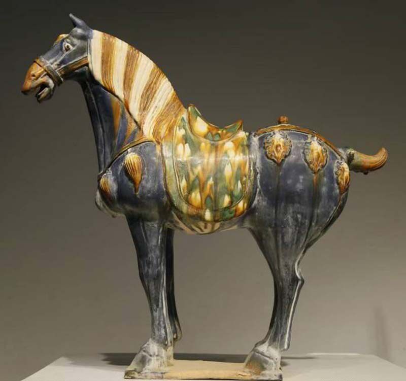 洛阳唐三彩马摆件 大号陶瓷马仿古工艺品古典蓝釉别墅装饰品收藏