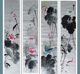 廉洁国画手绘宣纸画四尺对开荷花廉政书画玄关装饰画参展作品定制