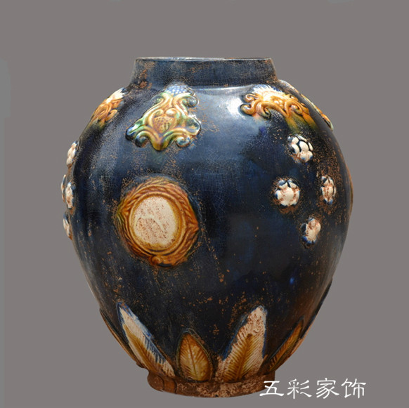 蓝色陶瓷罐 唐三彩罐 中式 摆件 仿古工艺品宾馆酒店古典装饰品