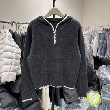 2025冬新69009厚款连帽半拉链撞色拼接韩版针织衫毛衣女宽松上衣