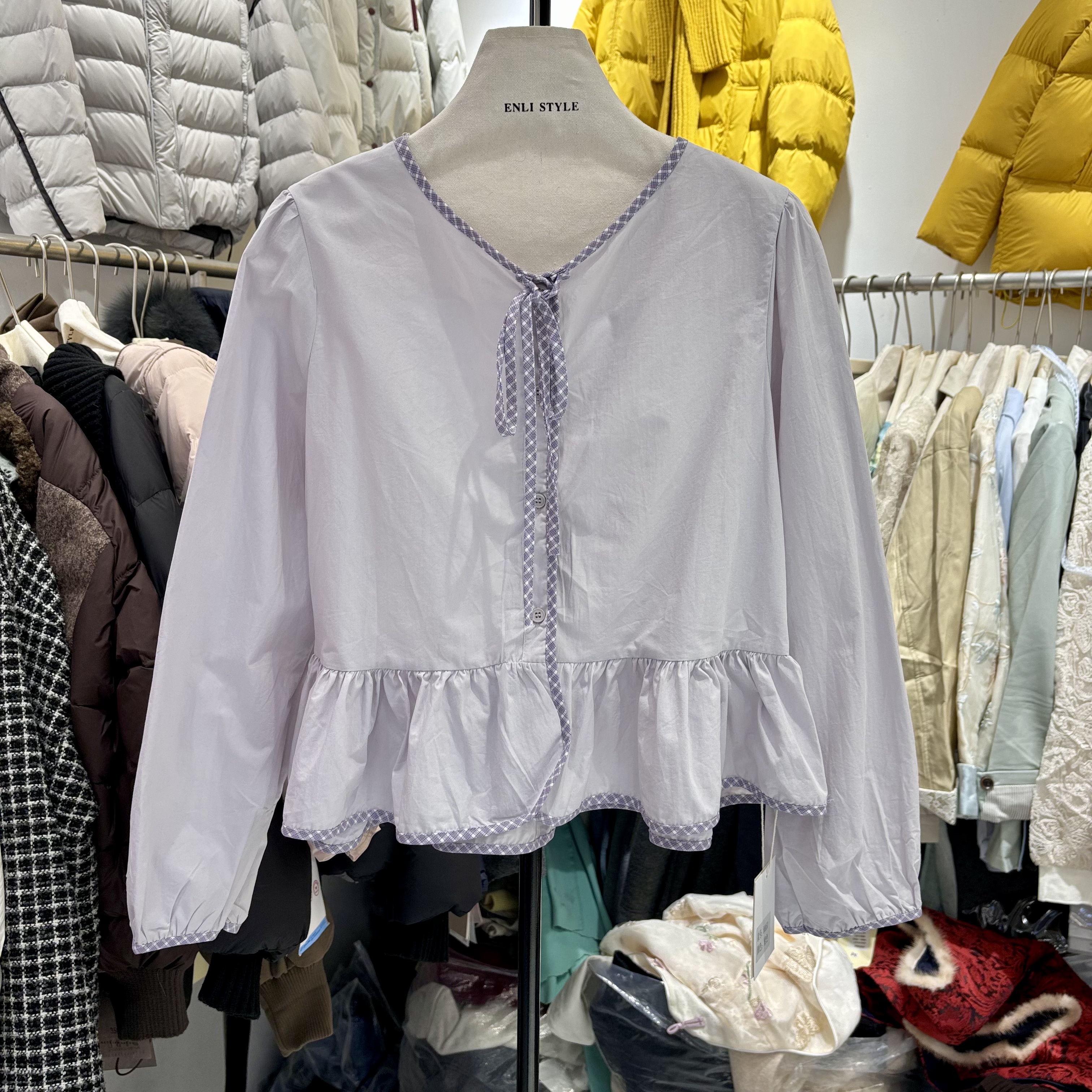 紫色系带蝴蝶结圆领长袖衬衫女士上衣小个子2026新款超火减龄衬衣