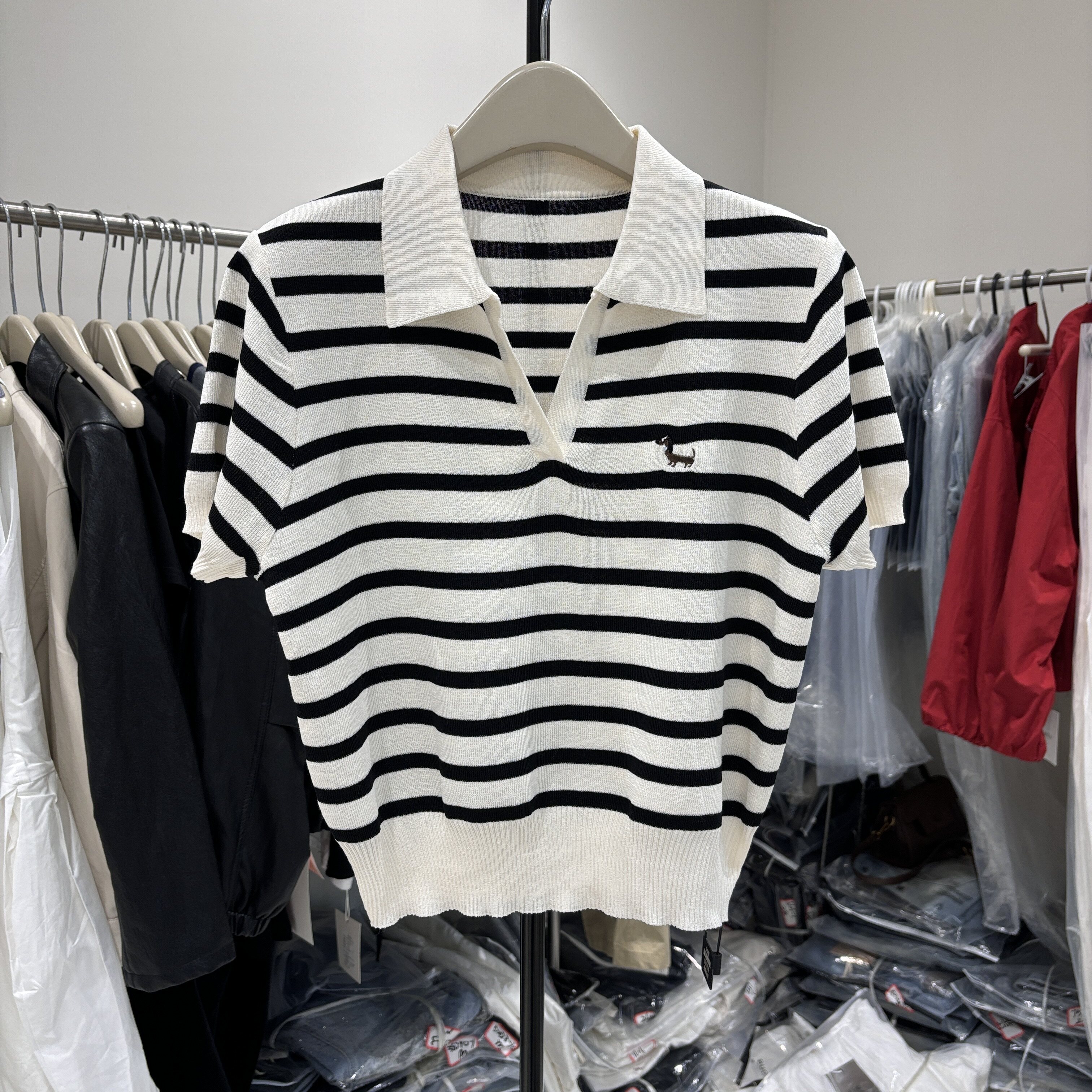 高级感翻领撞色条纹短袖针织衫女2026夏季新款慵懒宽松显瘦短上衣