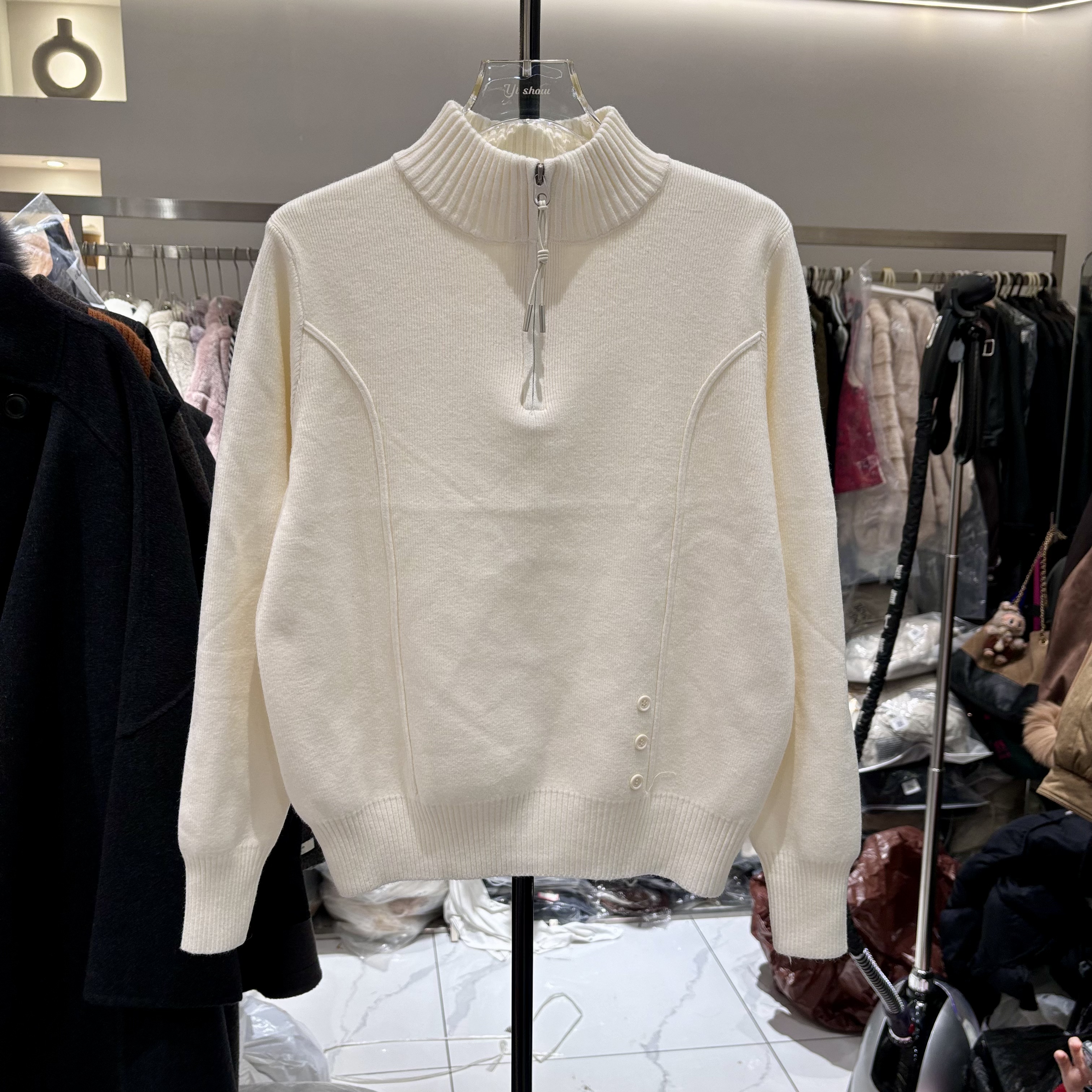 立领半高领拉链两条杠羊毛针织衫女简约百搭时尚长袖套头冬款毛衣