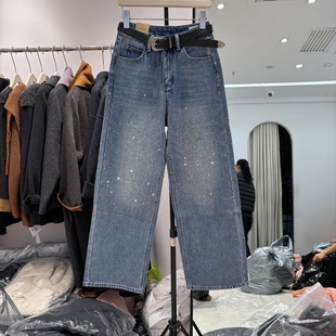 满天星烫钻牛仔加绒阔腿裤女潮2025高腰宽松显瘦欧货加长裤72181