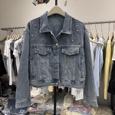 手工钉珠设计感复古牛仔外套女春装2026新品百搭短款翻领夹克8757