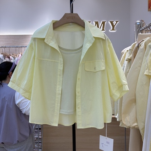 POLO领短袖T恤衬衫外套女夏季新款背心两件套短款上衣11081