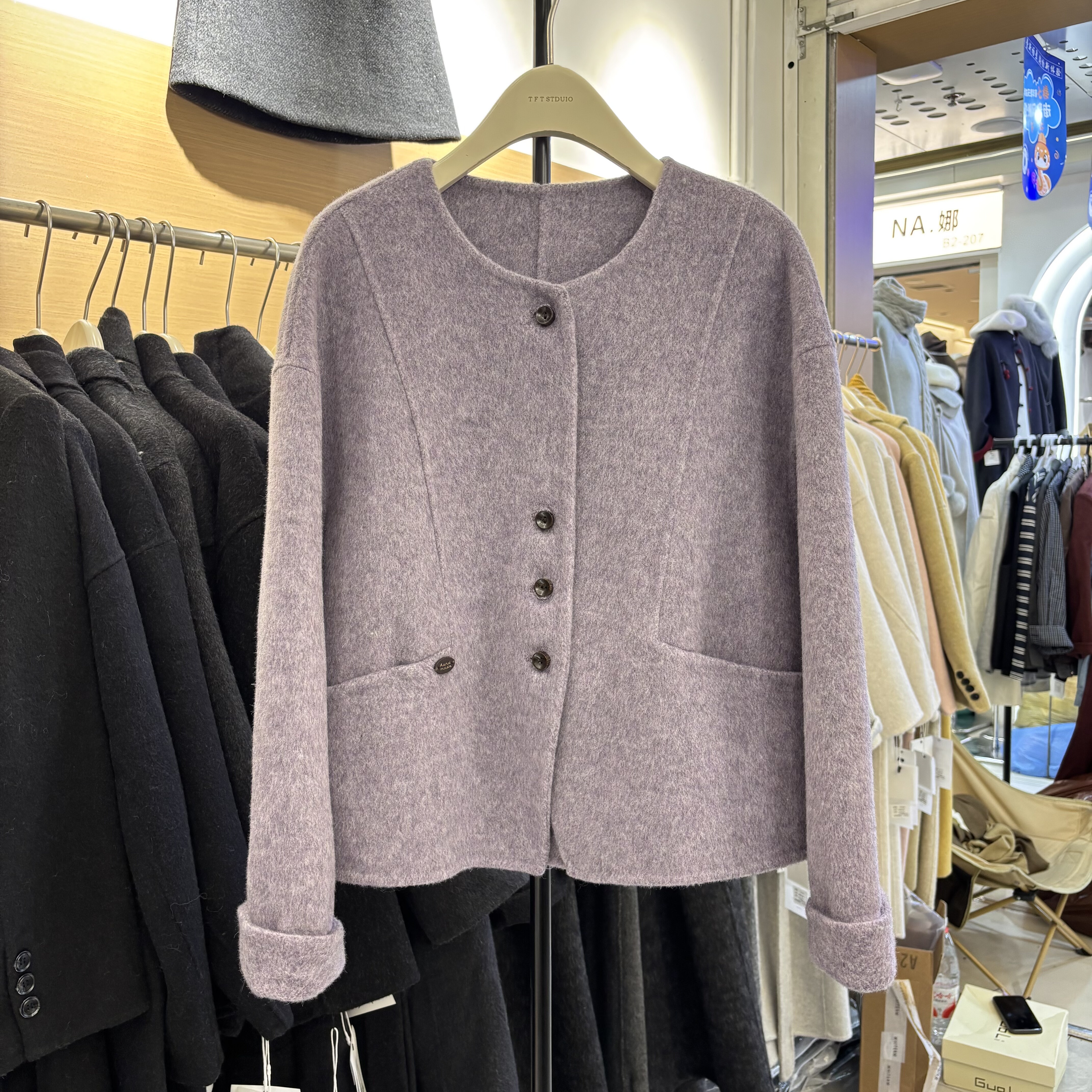 商场同款2025秋冬新款圆领气质外套女短款单排扣双面羊绒大衣女