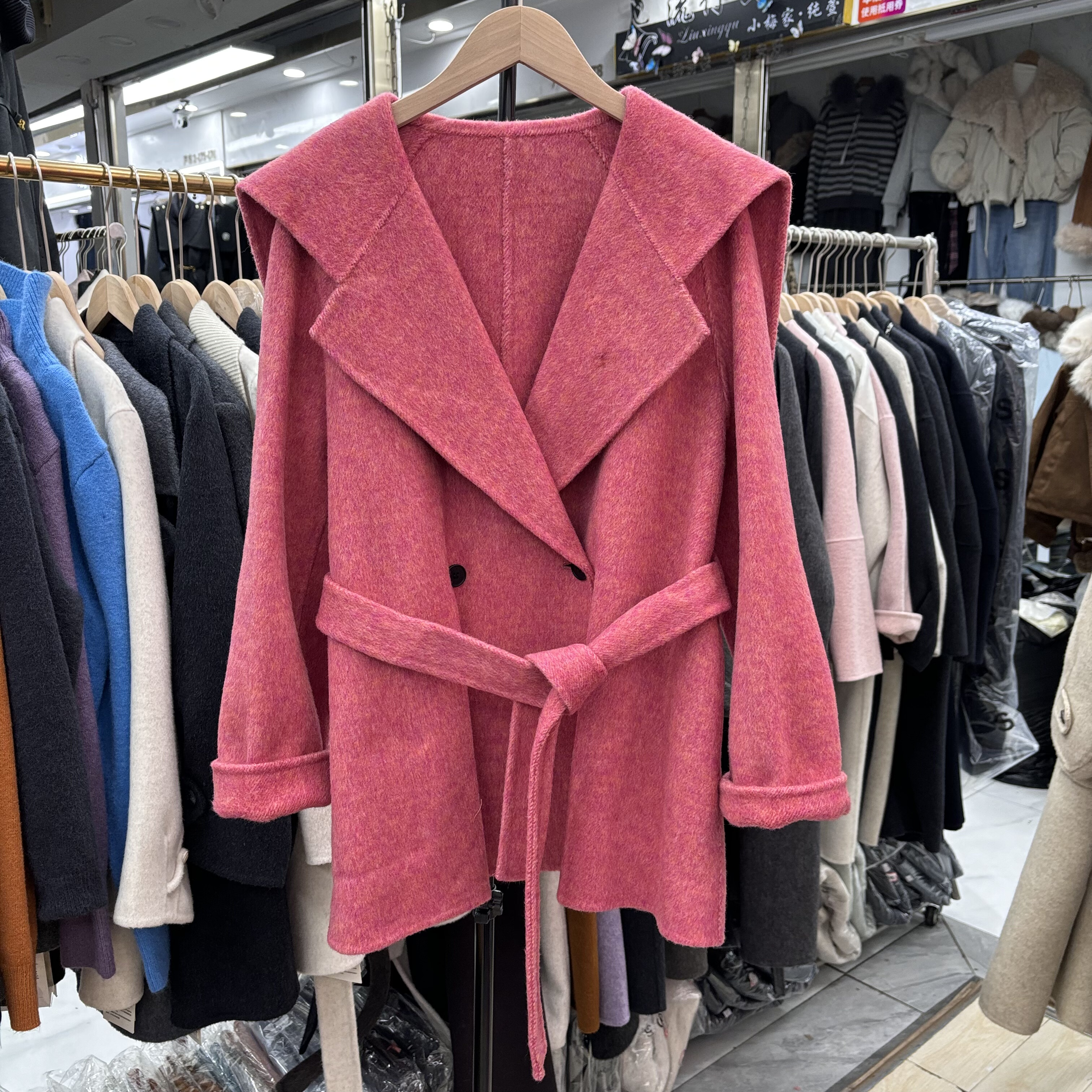 新秋冬双面羊绒大衣女中长小个子毛呢外套海军领翻领系带韩版短款