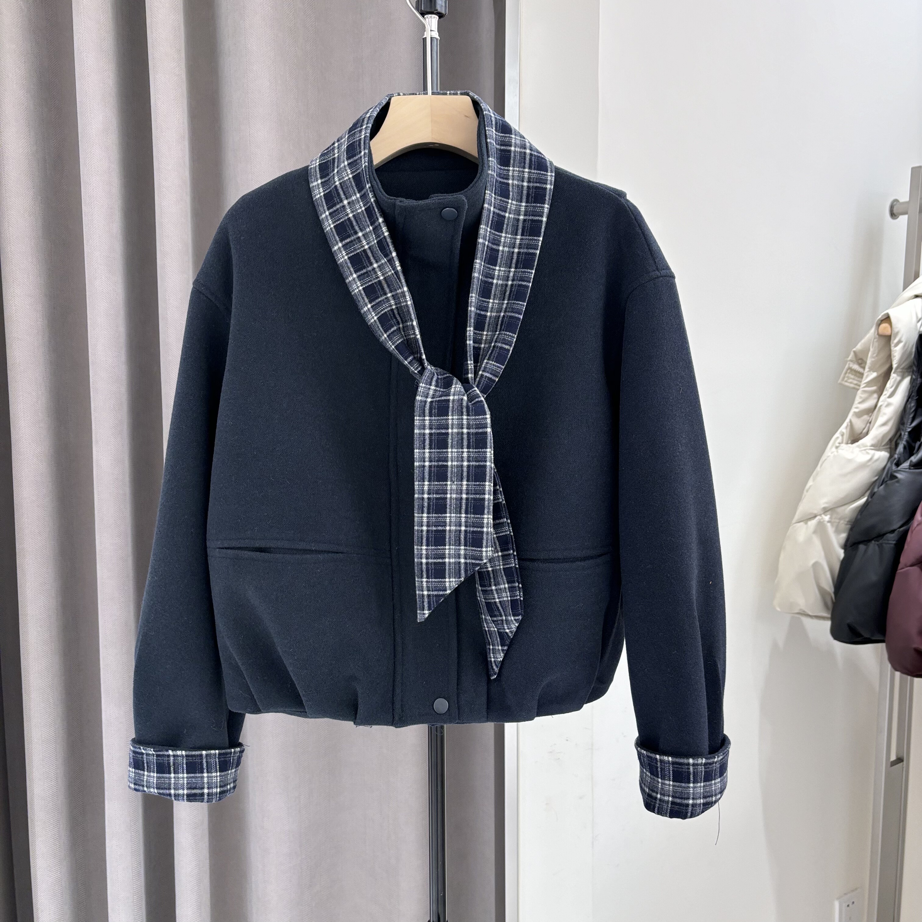 韩系复古格子拼接小香风外套女2025秋冬新款显瘦小个子呢子大衣