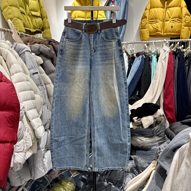 欧货直筒牛仔裤女春季2026水洗浅蓝色加厚高腰休闲阔腿裤76812