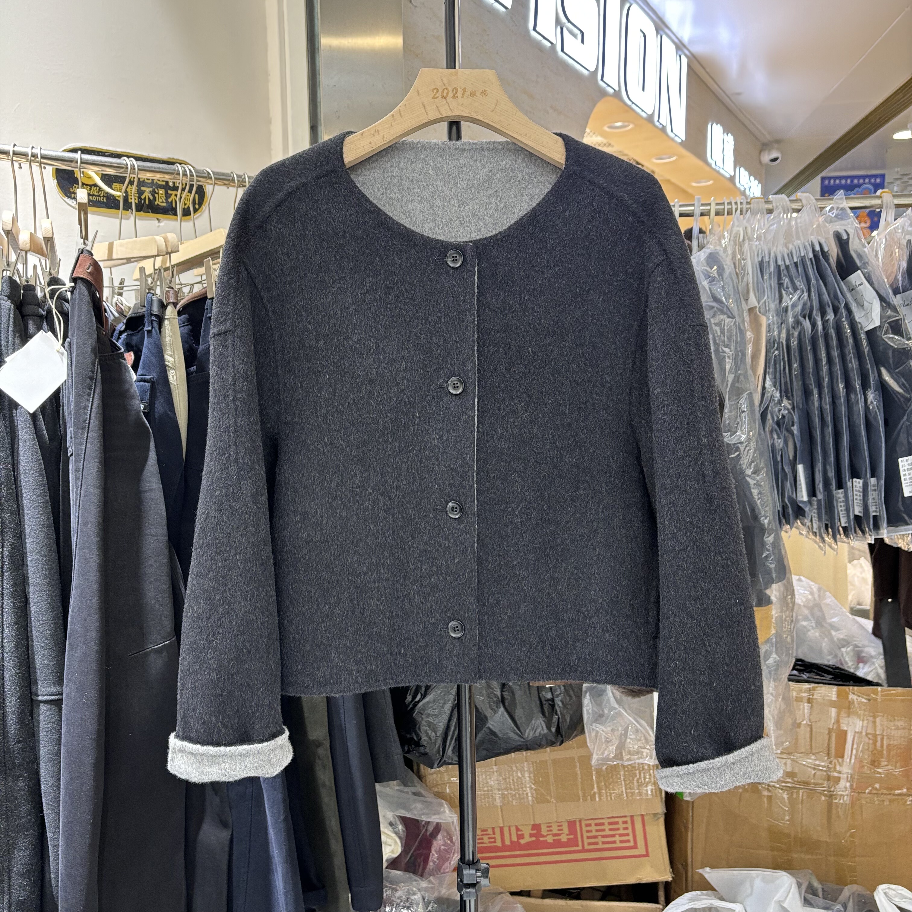 韩系小香风双面羊绒大衣女短款小个子圆领单排扣羊毛呢子外套爆款