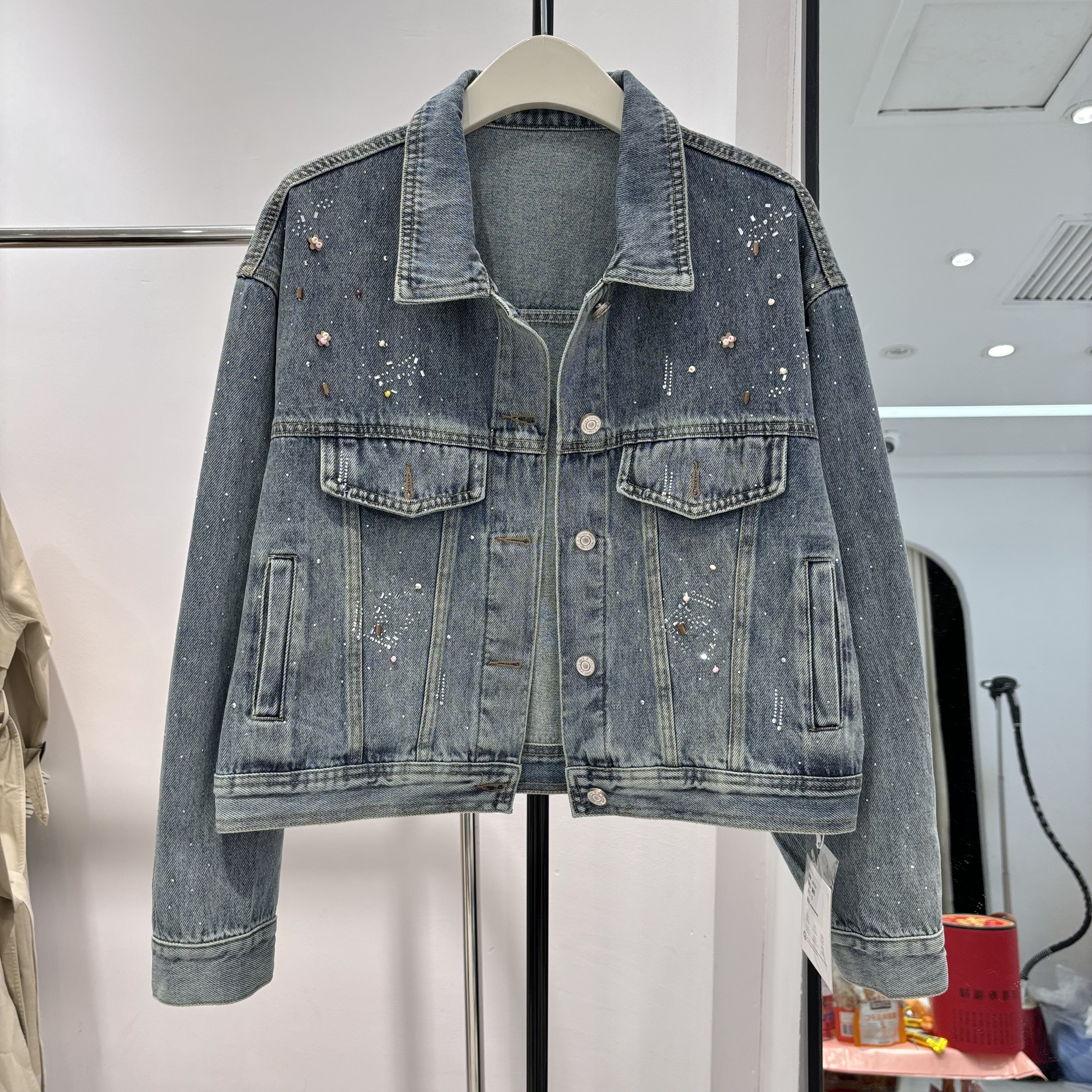 MONA短款打钻牛仔外套女2026春装新款宽松韩版百搭夹克8757