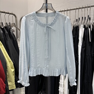 超逸世家28102女春法式温柔风木耳边系带衬衫亚麻荷叶边小衫上衣