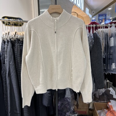 韩系2025秋冬新款时尚立领双拉链针织开衫女显瘦简约外套毛衣8519