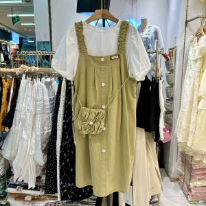 夏季女新款圆领长袖衬衫加吊带连衣裙两件套带包包时尚韩版小清新