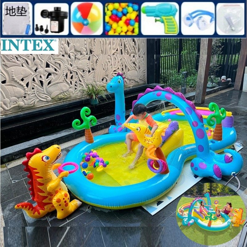 intex正品0-3-6岁宝宝滑梯恐龙喷水泳池草坪男女孩生日充气轨道池