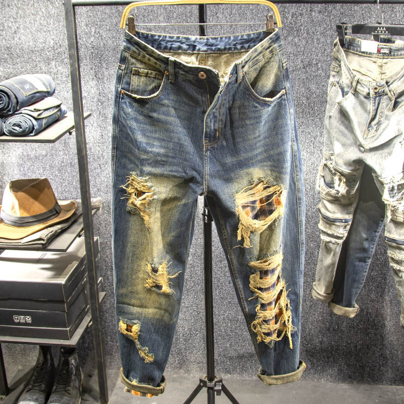 秋做旧复古风补丁破洞设计牛仔裤