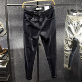 小脚纯黑色休闲裤 三古木棉 男修身 补丁破洞牛仔裤 子男潮牌 春秋季