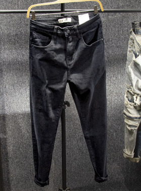 三古木棉 春秋季补丁破洞牛仔裤男修身小脚纯黑色休闲裤子男潮牌