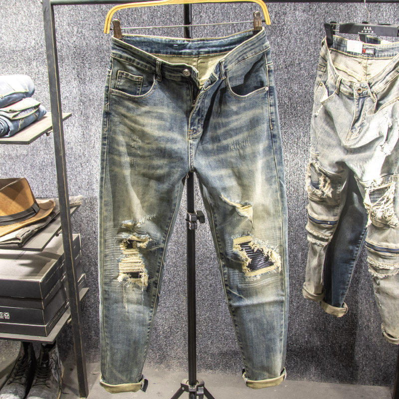 三古木棉 高街做旧复古补丁裤子男夏季刮烂破洞牛仔裤男紧身小脚
