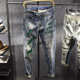 春秋季 机车乞丐破洞牛仔裤 男修身 三古木棉 小脚泼墨补丁裤 子男潮