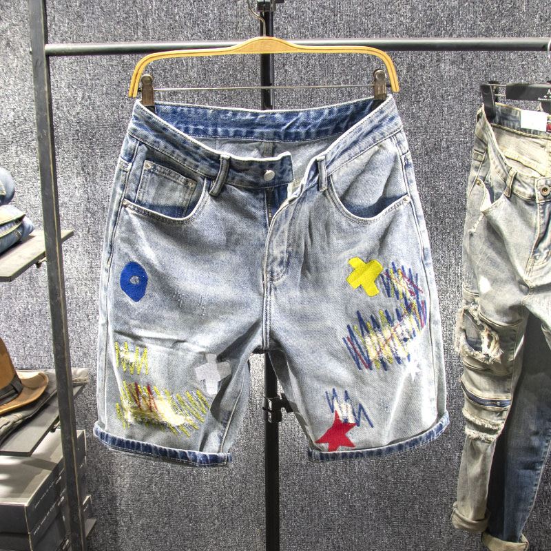 夏刺绣补丁破洞设计牛仔裤