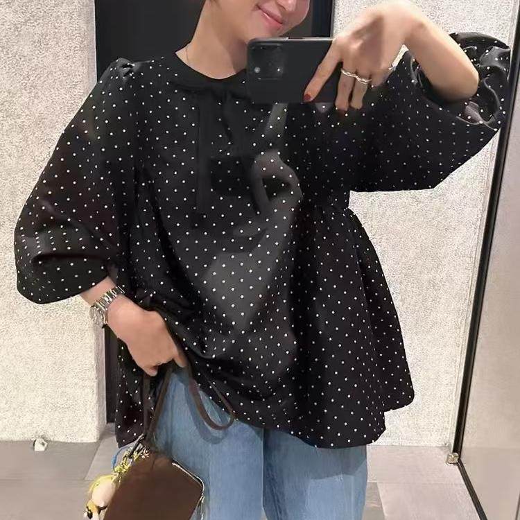 蝴蝶结宽松中长款波点衬衫女套头