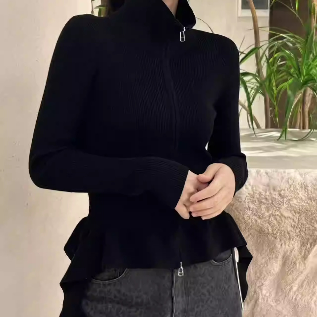 2025新款立领双头拉链飘带荷叶边下摆针织罩衫纯色修身女士针织衫,女装/女士精品,毛针织衫,淘宝优惠券,粉丝福利购,淘宝优惠卷