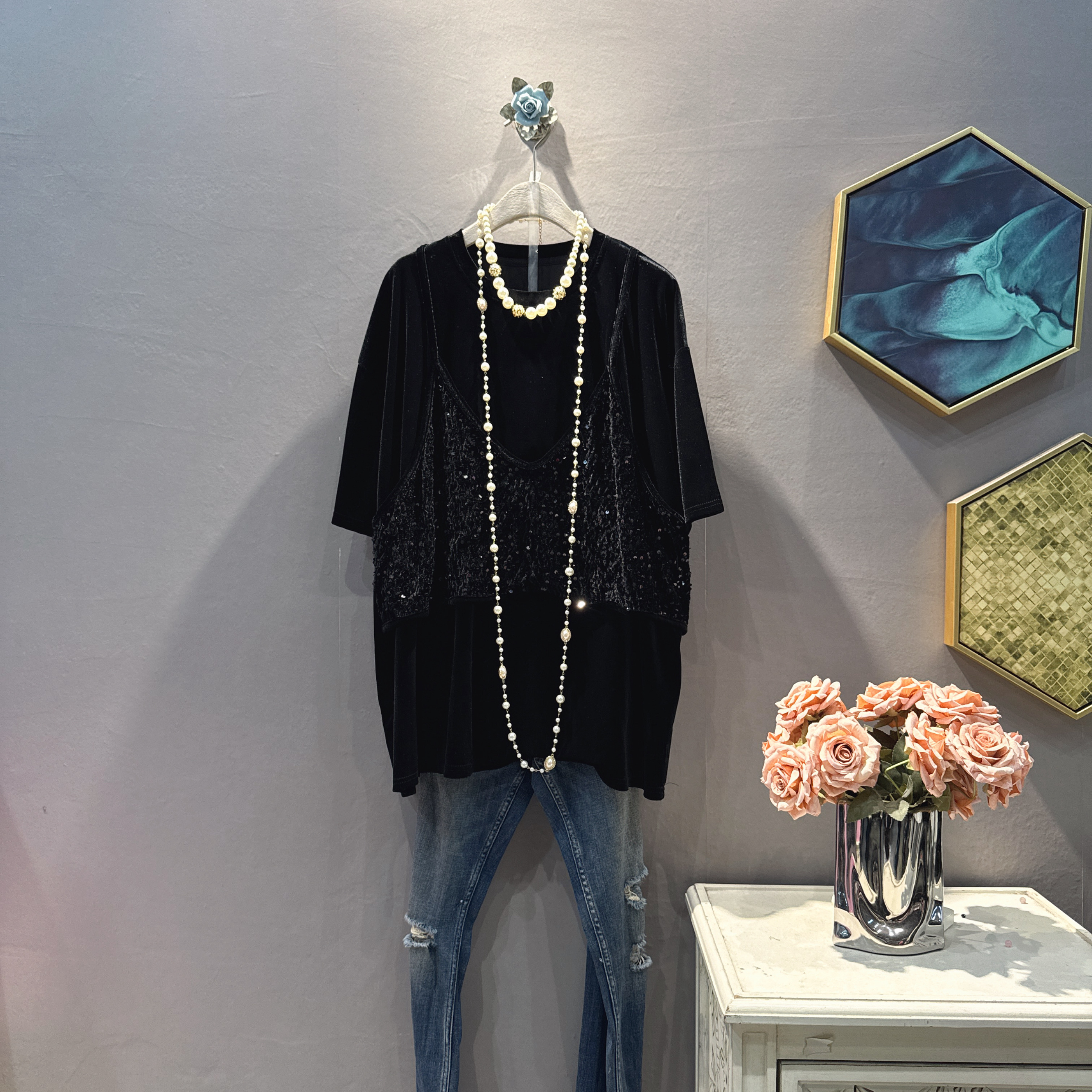 2025年春季新款假两件亮片吊带宽松T恤