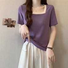 大码简约方领撞色正肩短袖t恤女夏季胖mm显瘦百搭宽松遮肚子上衣
