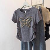 胖mm显瘦短袖 新款 t恤女独特别致蝴蝶贴布不规则上衣240斤 夏季 大码