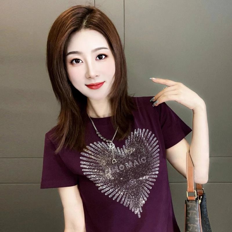 大码时尚设计感爱心烫钻短袖t恤