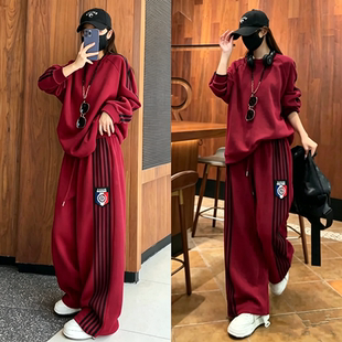 韩系高级松弛感运动套装女胖MM大码春秋季时尚卫衣阔腿裤两件套潮