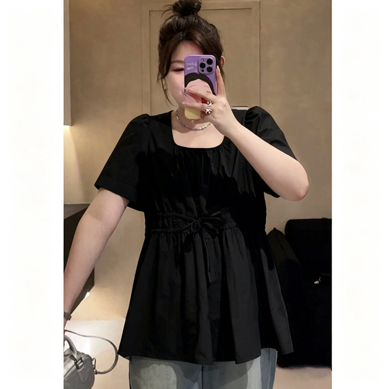 大码法式高级感抽绳短袖T恤女夏季胖妹妹孕妇洋气荷叶边上衣300斤