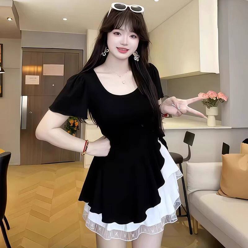 不规则设计感小众新款显瘦大码荷叶胖MM绑带短袖夏季休闲遮肉上衣