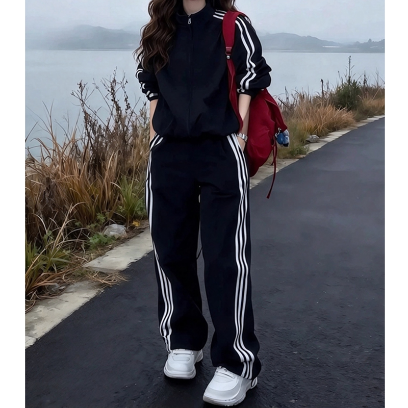 胖mm大码欧洲站休闲运动套装女秋冬时尚减龄黑色外套阔腿裤两件套