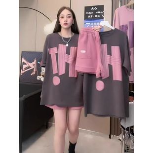 时尚 上衣运动短裤 穿搭一整套装 胖MM宽松短袖 两件套250斤 夏季 大码