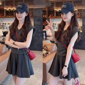 简约小众松紧短袖 大码 胖MM新款 夏季 通勤短裙半身裙两件套 韩系时尚