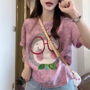 印花宽松时尚 大码 短袖 小众扎染卡通胖MM设计感T恤新款 上衣潮 夏季