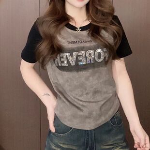 新款 显瘦设计感胖MM夏季 复古短款 撞色T恤短袖 上衣潮 美式 时尚 大码