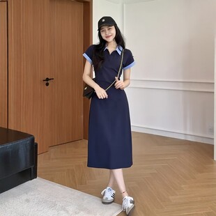 大码韩系气质撞色POLO领连衣裙女夏季新款微胖mm显瘦a字裙长裙子