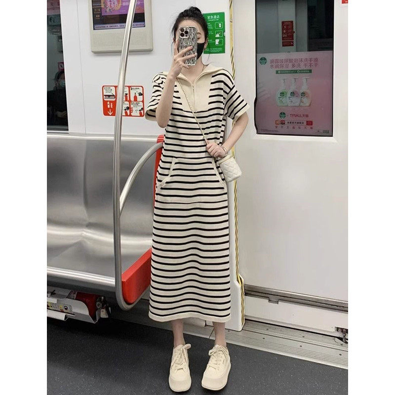 韩系大码夏季胖mm条纹短袖连衣裙女宽松显瘦减龄休闲长裙子300斤图片